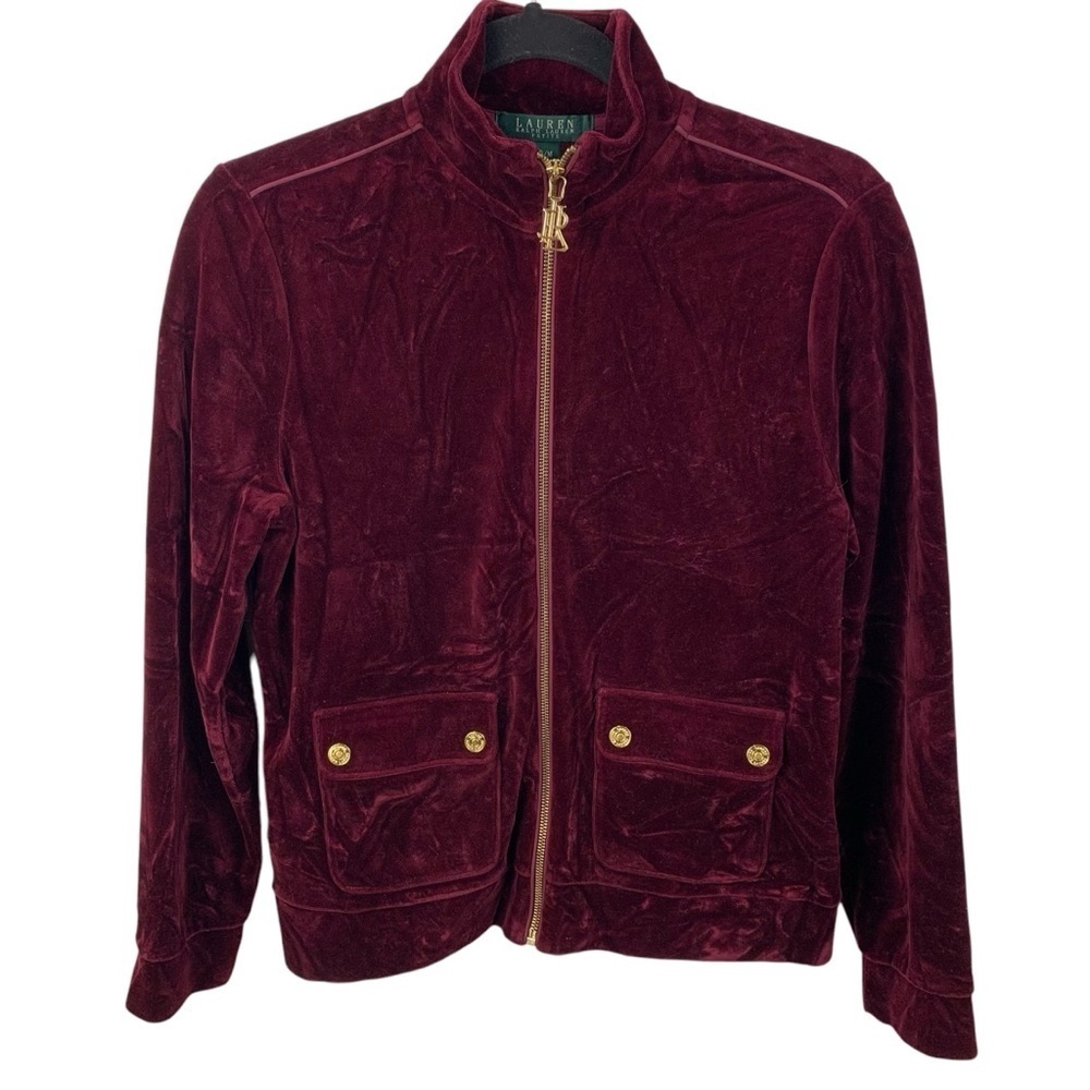 Vintage Ralph Lauren sz MP Burgundy Wine Red Velour Front Zip Track Jacket Gold